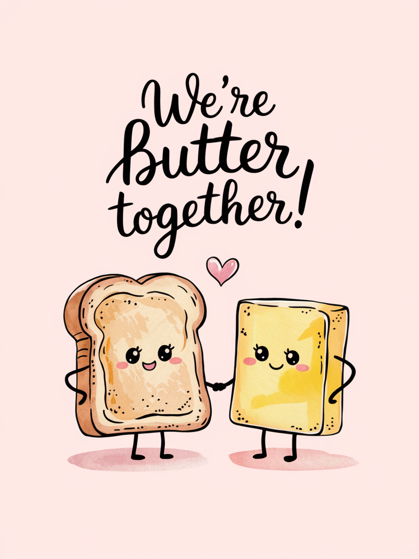 We’re Butter Together – Kawaii Toast & Butter Greeting Card