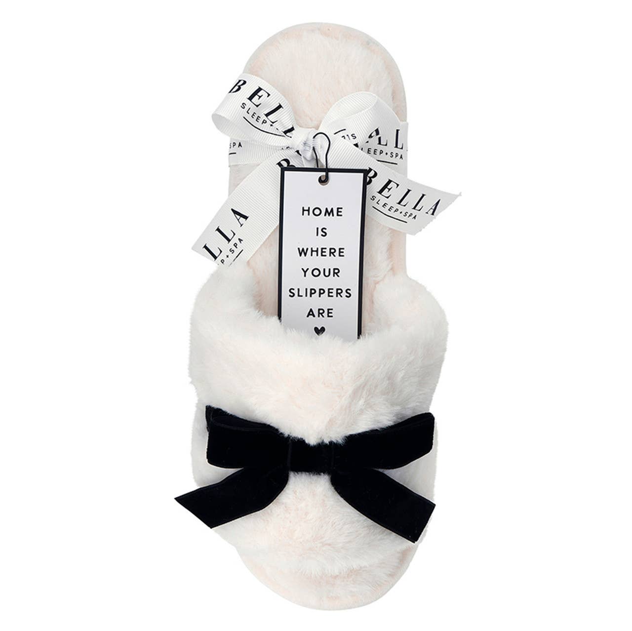 Plush Velvet Bow Slippers - Ivory + Black Velvet Bow