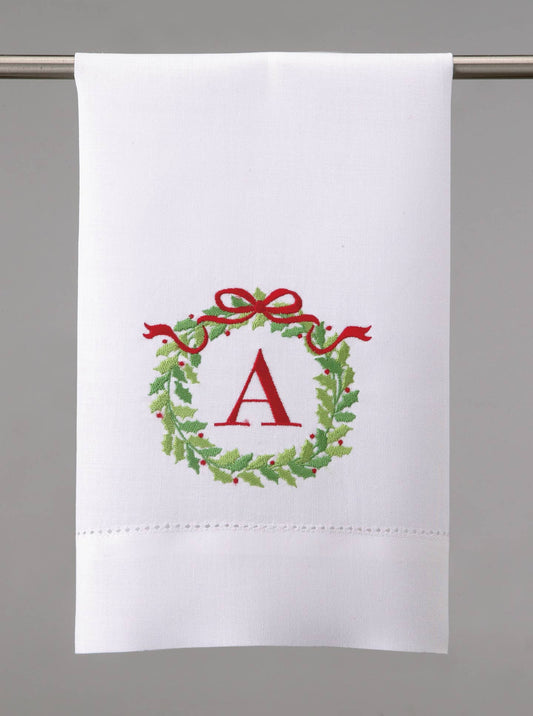 Embroidered Christmas Wreath Initial Guest Towel