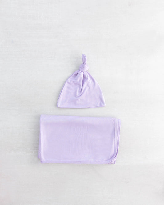 Baby Girl Swaddle Set - Newborn Blanket, Hat and Headband - Purple