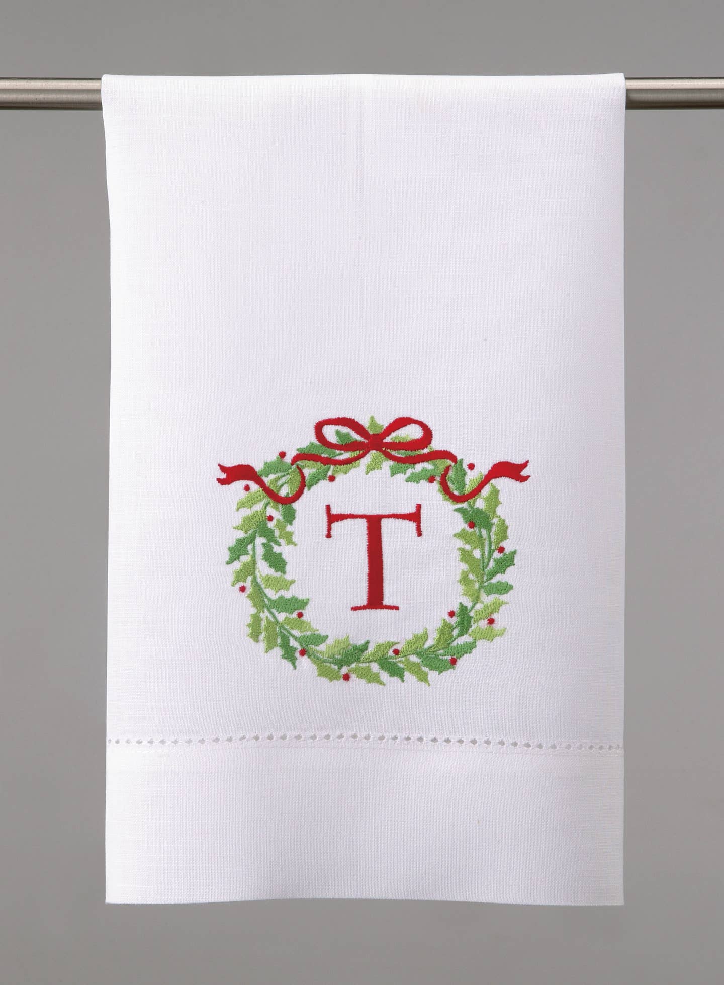 Embroidered Christmas Wreath Initial Guest Towel