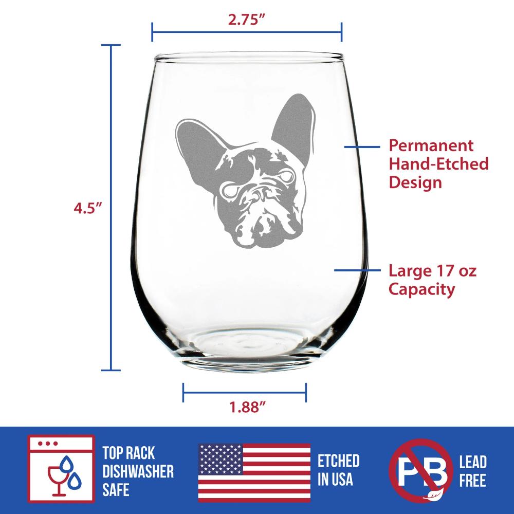 French Bulldog Stemless Wine Glass - Large 17 oz Glasses - Cute Gifts for Dog Lovers with a Frenchie