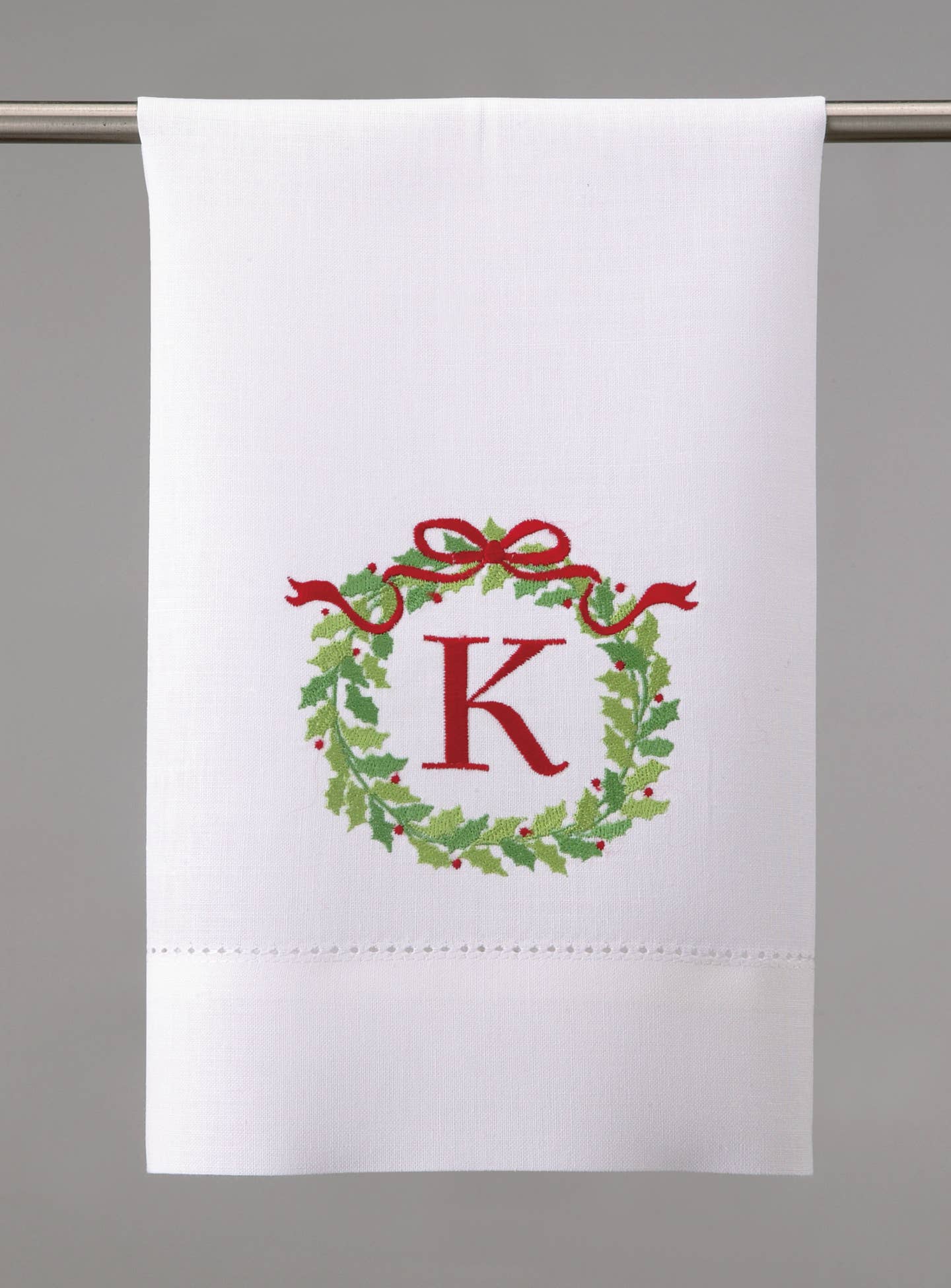 Embroidered Christmas Wreath Initial Guest Towel