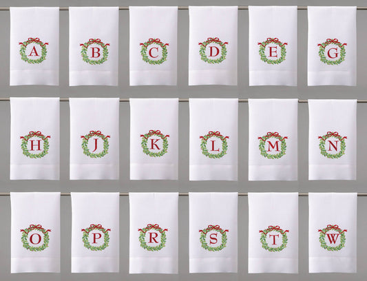Embroidered Christmas Wreath Initial Guest Towel