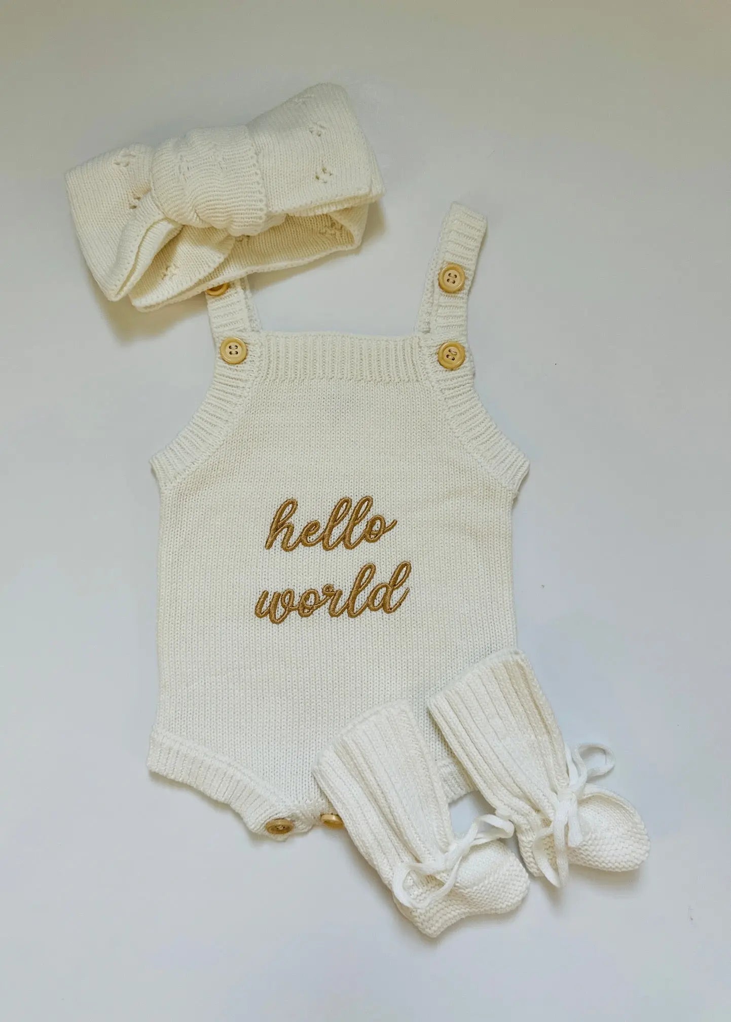 Newborn Knit Romper Set – Hello World, LITTLE SISTER and LITTLE BROTHER Embroidered Baby Outfit with Hat & Booties or Headband | Soft Coming Home Outfit