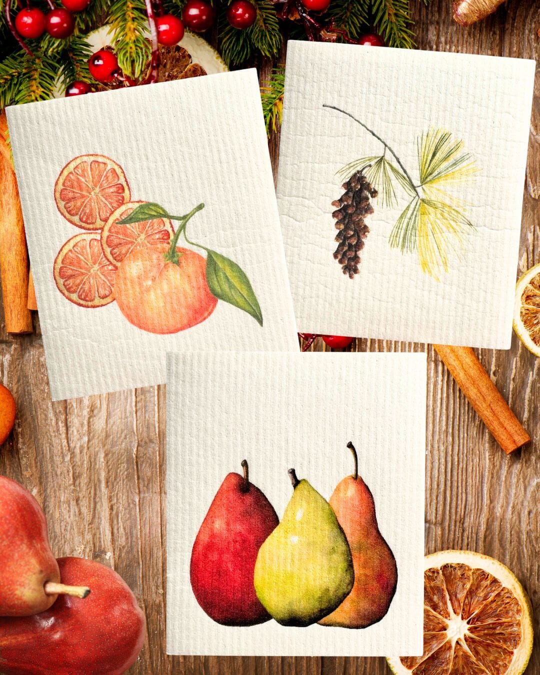 Hostess set of 3 | Pears, Tangerine, and Pinecone (Botanical artist Cara Cummings)