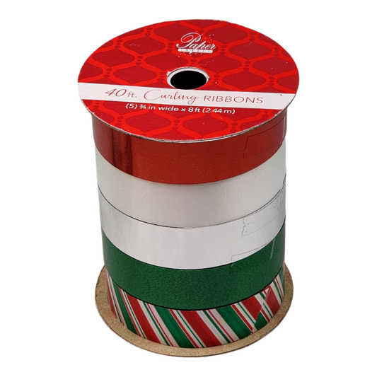 3/4 Inch Curling Ribbon - 5 Colors - 8 Feet Each - Red/White/Silver/Green/Candy Stripe
