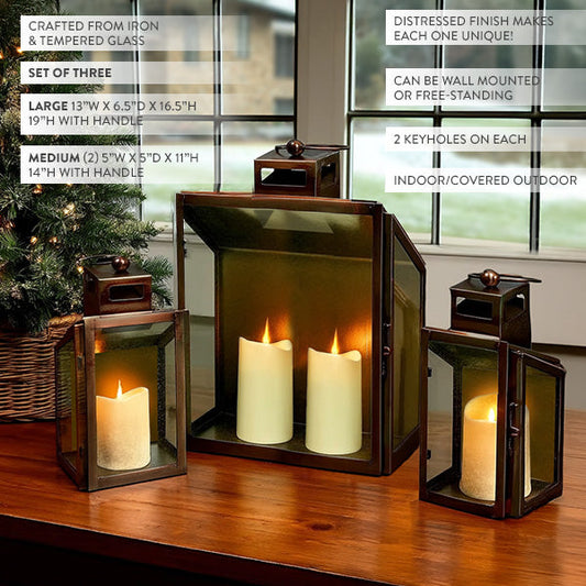 Rustic Bronze Tempered Glass Lanterns, Set of Three