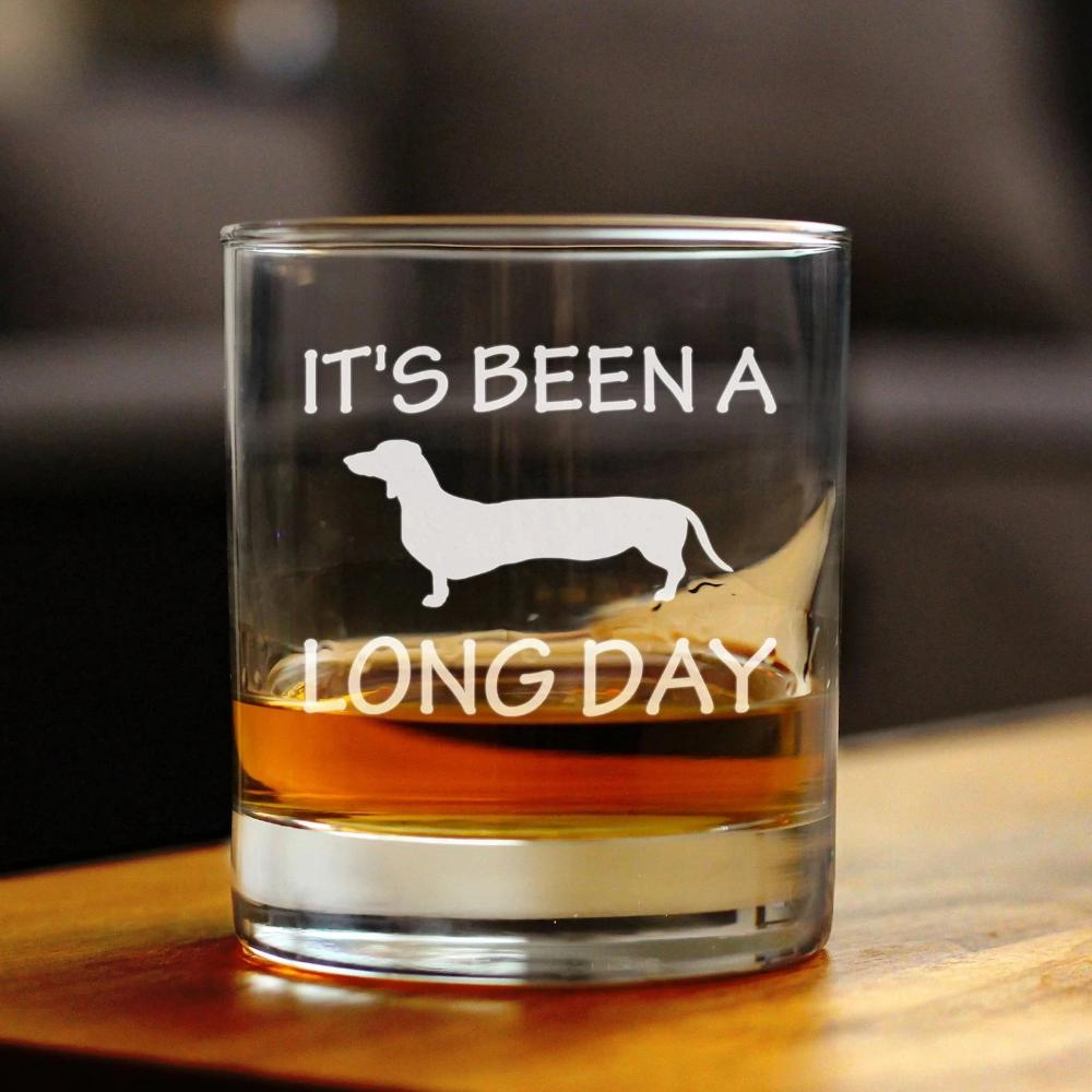 Long Day - Funny Dachshund Whiskey Rocks Glass Gifts for Men & Women - Fun Whisky Drinking Tumbler Décor