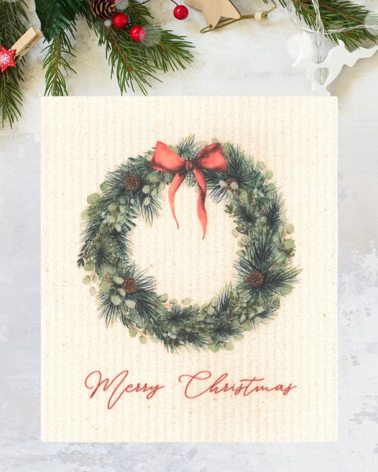 Merry Christmas Wreath with Red Bow Swedish Dishcloth