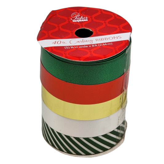3/4 Inch Curling Ribbon - 5 Colors - 8 Feet Each - Green/Red/Gold/White/Green Stripe