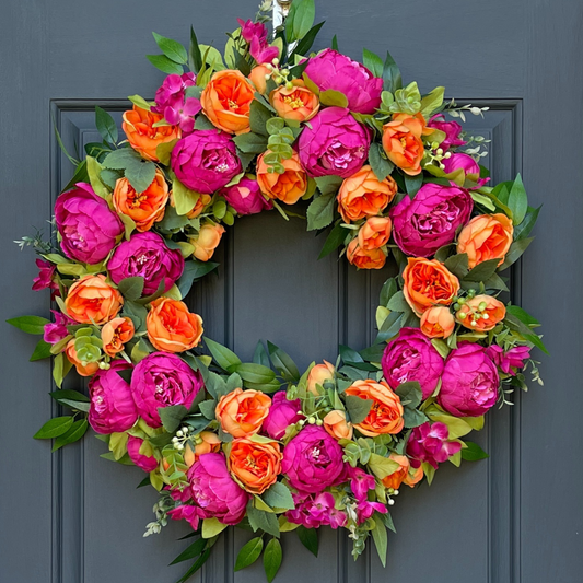 Bright Pink and Orange Peony Spring Wreath