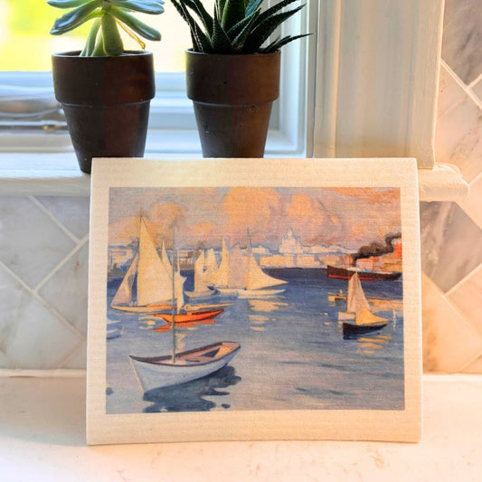 Sailboats in Harbor Swedish Dishcloth