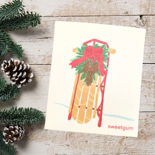 Sled with Red Bow & Pinecone Swag | Christmas & Winter Swedish Dishcloth
