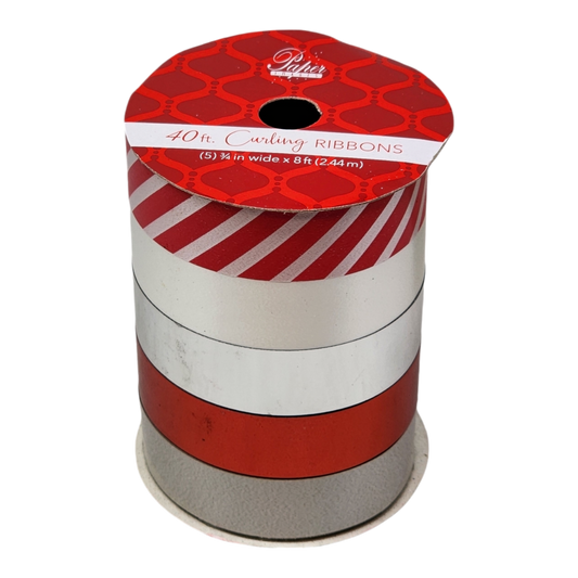 3/4 Inch Curling Ribbon - 5 Colors - 8 Feet Each - Grey/Red/Silver/White/Red Stripe